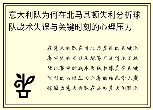 意大利队为何在北马其顿失利分析球队战术失误与关键时刻的心理压力