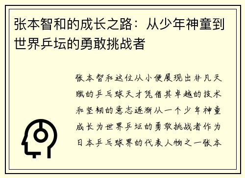 张本智和的成长之路:从少年神童到世界乒坛的勇敢挑战者 张本智和的成长之路:从少年神童到世界乒坛的勇敢挑战者